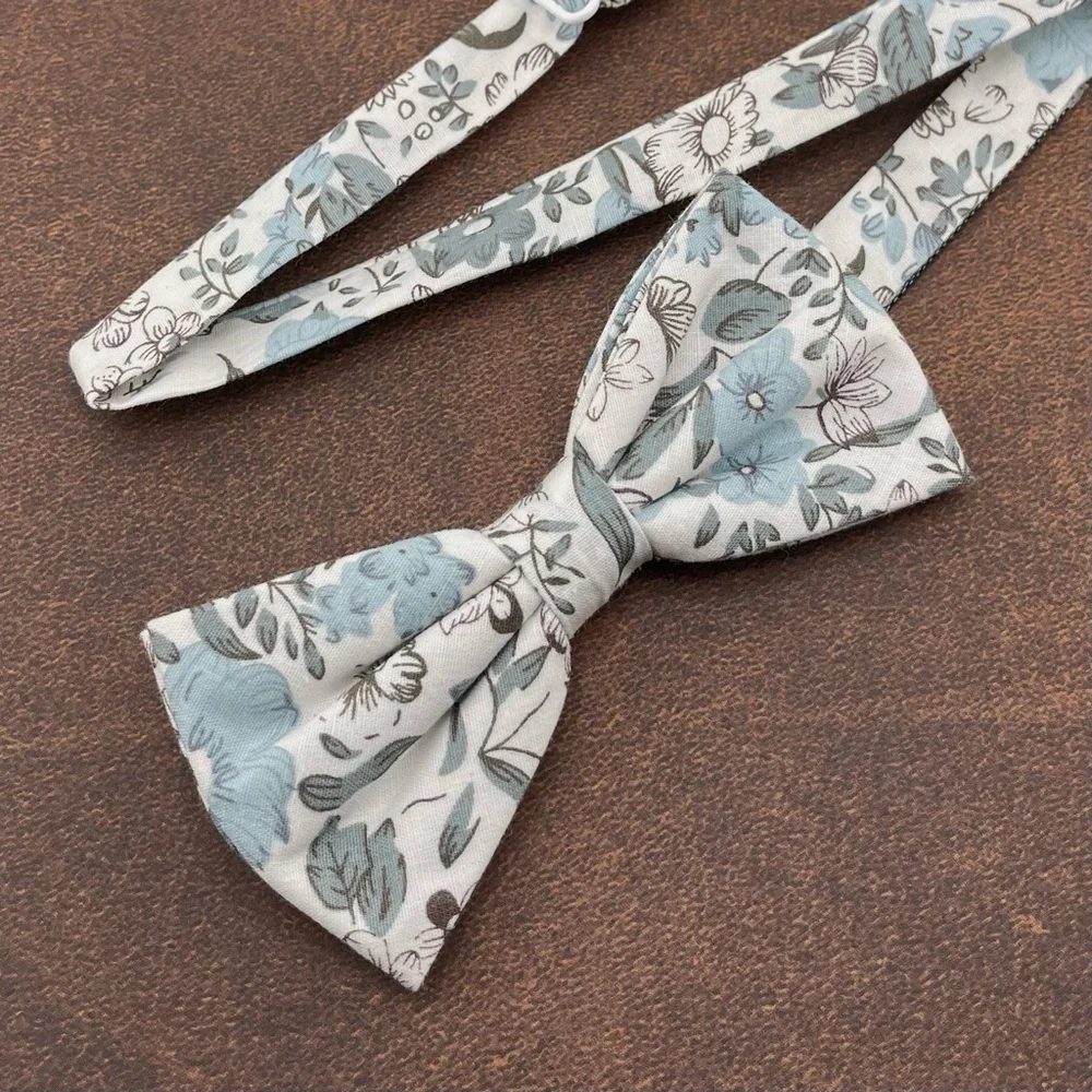 White w/ Pastel Blue Floral Pre-Tied Boys Bow Tie